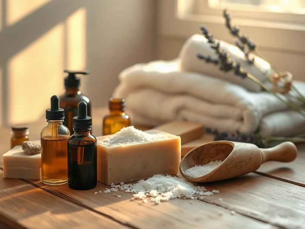 Zestaw naturalnych produktów do kąpieli, takich jak olejki, mydła i sole, ułożony na rustykalnym drewnianym stole.